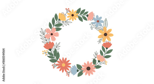 A beautiful circular floral wreath composed of colorful spring flowers and green leaves on a pristine white background.