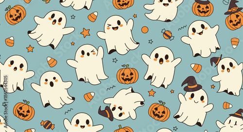 Adorable and playful Halloween seamless pattern featuring cute cartoon ghosts happy jack-o-lantern pumpkins and candy corn on a teal background.