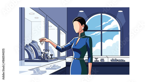 Modern vector illustration of woman selecting jewelry in luxury boutique, elegance, fashion, and premium consumer lifestyle concept