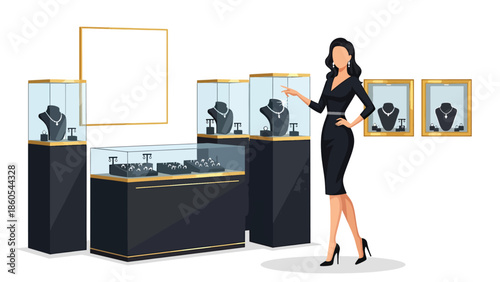 Modern vector illustration of woman selecting jewelry in luxury boutique, elegance, fashion, and premium consumer lifestyle concept