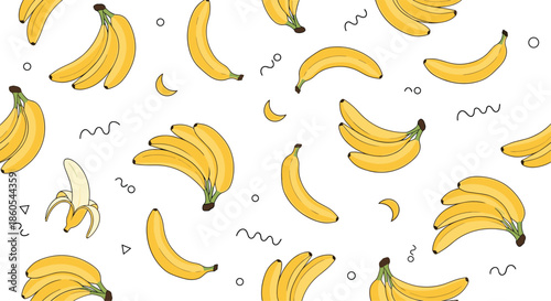 Playful and energetic seamless pattern featuring ripe yellow bananas and abstract geometric doodle shapes on a crisp white background.
