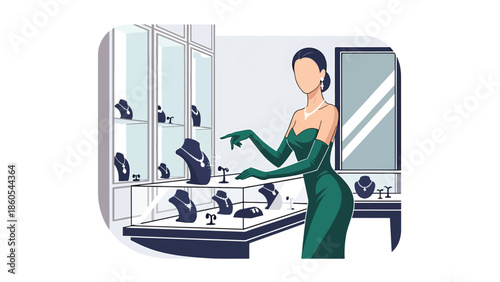 Modern vector illustration of woman selecting jewelry in luxury boutique, elegance, fashion, and premium consumer lifestyle concept