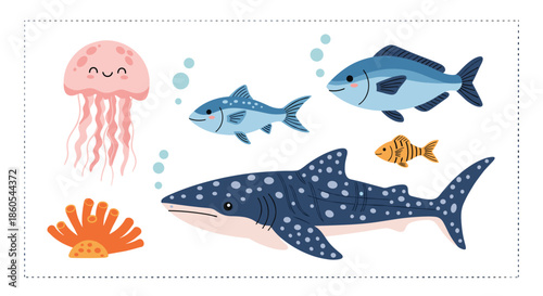 Adorable collection of cartoon underwater sea creatures including a whale shark jellyfish fish and coral on a light background.