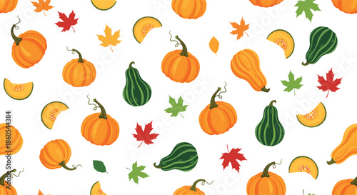 Vibrant seamless autumn pattern featuring various orange pumpkins green gourds colorful maple leaves and sliced melon on white.