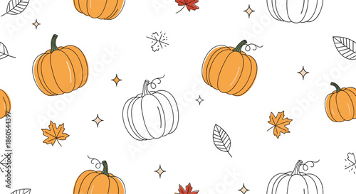 Playful seamless pattern featuring a mix of outline and colored orange pumpkins with scattered autumn leaves and stars on white.