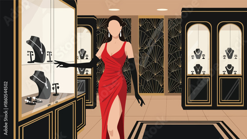 Modern vector illustration of woman selecting jewelry in luxury boutique, elegance, fashion, and premium consumer lifestyle concept