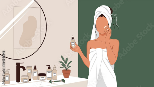 Modern vector illustration of woman doing skincare routine in luxury bathroom, beauty, wellness, and premium self-care lifestyle concept