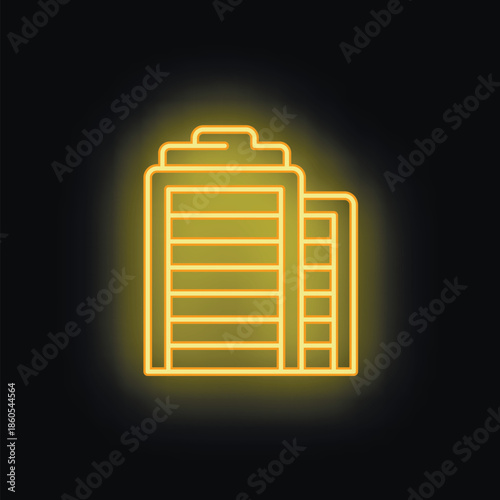 Simple yellow neon icon of an office building with a black background