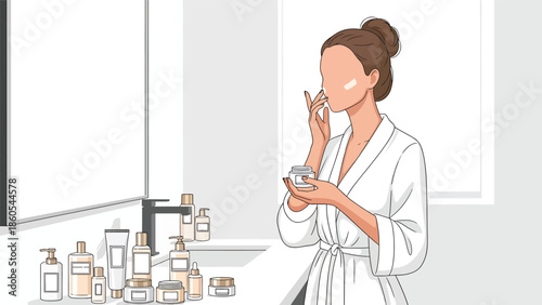 Modern vector illustration of woman doing skincare routine in luxury bathroom, beauty, wellness, and premium self-care lifestyle concept