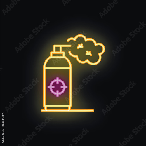 Glowing neon icon of a spray can releasing toxic fumes, featuring a target symbol, representing concepts like danger, toxicity, and chemical hazards