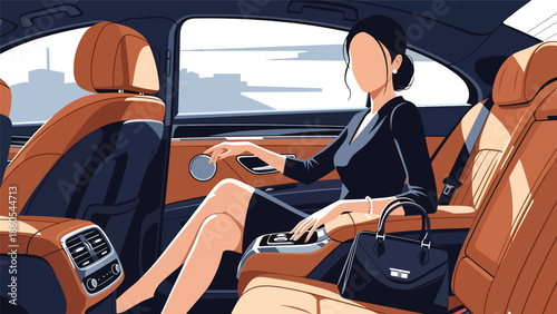 Modern vector illustration of elegant woman sitting inside luxury car, premium transportation and high-end lifestyle concept
