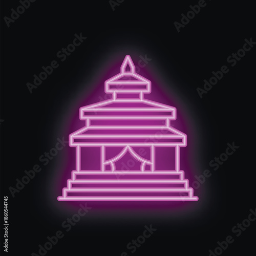 Purple neon sign depicting a pagoda is glowing on a black background