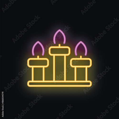 Neon sign depicting three lit candles on a black background