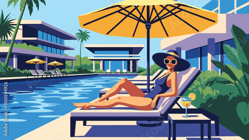 Modern vector illustration of woman relaxing poolside at luxury resort, vacation, leisure, and premium lifestyle concept
