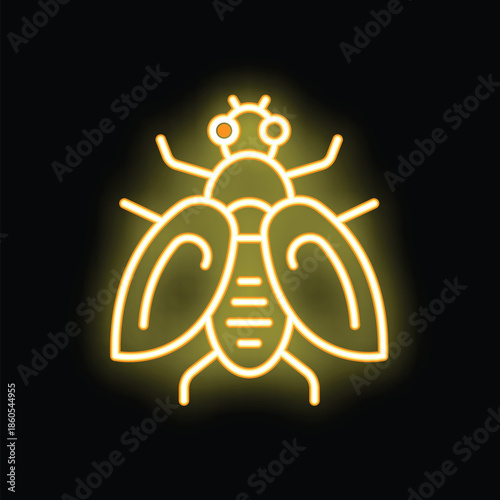 Bright yellow neon sign showing a fly on a black background