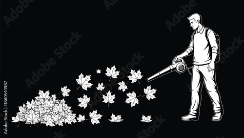 Man using leaf blower to clear autumn maple leaves into pile on black background for seasonal yard work and gardening