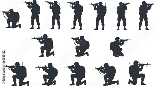 Military Soldier Silhouette Set Featuring Infantry Personnel in Standing and Kneeling Tactical Poses with Assault Rifles for Army Combat Design