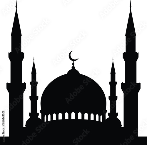 Mosque Silhouette Vector Illustration Featuring Islamic Architecture with Dome and Minarets for Ramadan Kareem Eid Mubarak and Religious Cultural Design Projects