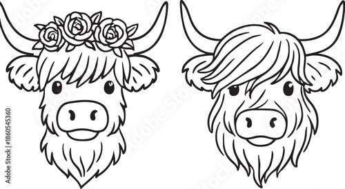 Cute cartoon highland cow heads with floral wreath and shaggy hair line art
