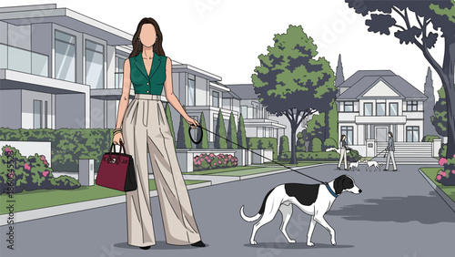 Modern vector illustration of elegant woman walking dog in upscale neighborhood, relaxed luxury daily lifestyle concept