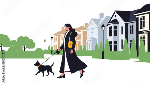 Modern vector illustration of elegant woman walking dog in upscale neighborhood, relaxed luxury daily lifestyle concept