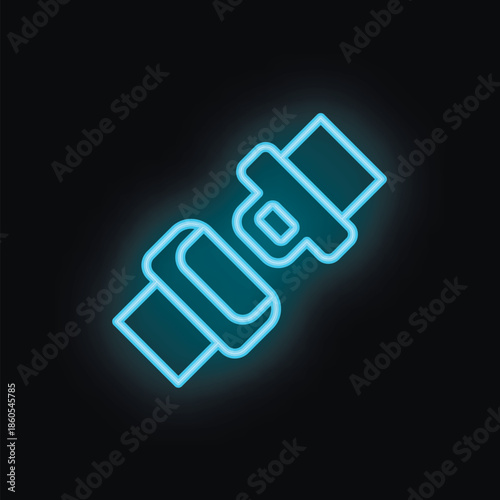 Neon icon of a fastened seat belt glowing blue against a dark background