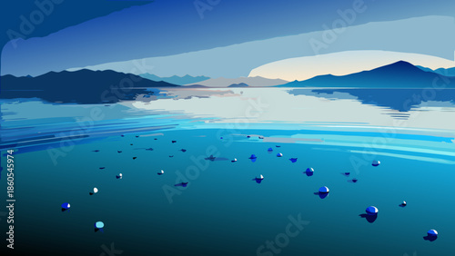 Calm Ocean Landscape with Scattered Blue Dots