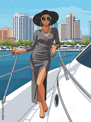 Modern vector illustration of woman enjoying yacht cruise, elite leisure, freedom, and luxury travel lifestyle concept