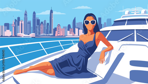 Modern vector illustration of woman enjoying yacht cruise, elite leisure, freedom, and luxury travel lifestyle concept