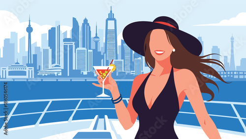 Modern vector illustration of woman enjoying yacht cruise, elite leisure, freedom, and luxury travel lifestyle concept