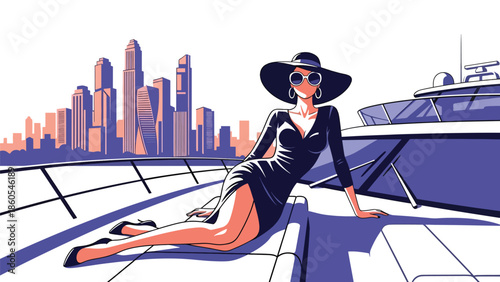 Modern vector illustration of woman enjoying yacht cruise, elite leisure, freedom, and luxury travel lifestyle concept