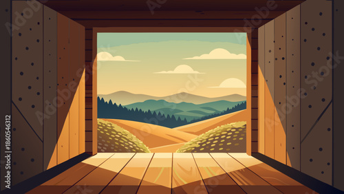 View of rolling hills and distant mountains from a wooden doorway