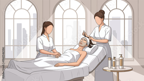 Modern vector illustration of woman receiving beauty treatment in luxury salon, premium beauty care and wellness lifestyle concept