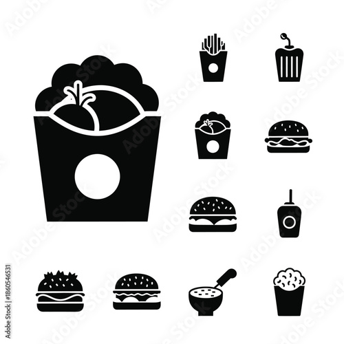 Professional fast food restaurant and modern cafe dining menu icons set in solid black style
