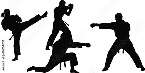 Martial arts silhouettes performing karate kicks and boxing punches, fighters in combat poses, sport training cad drawing flat vector illustration. (21 words)
