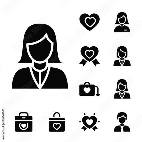 Professional social service worker avatar and modern charitable NGO heart icons set in solid black style
