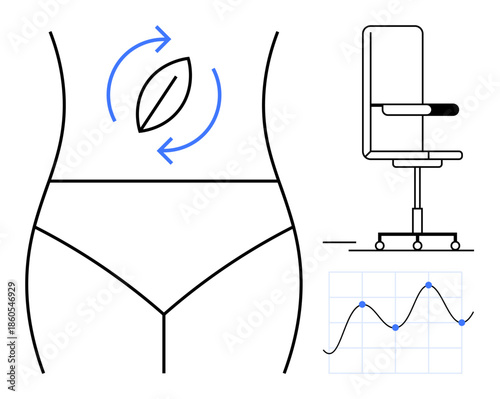 Health awareness, workplace wellbeing, ergonomics, fitness monitoring, posture improvement, lifestyle balance. Human body, office chair and wellness chart. Workplace wellbeing and ergonomics concept