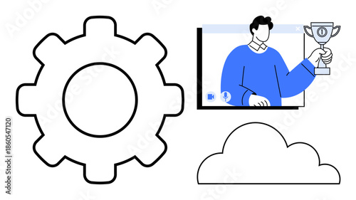Gear representing process, cloud symbolizing online storage, man holding trophy on screen featuring achievement. Ideal for technology, teamwork, digital business, innovation, online platforms