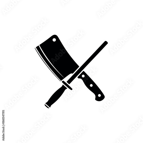 Meat Cleaver Crossed with Sharpening Steel Stencil