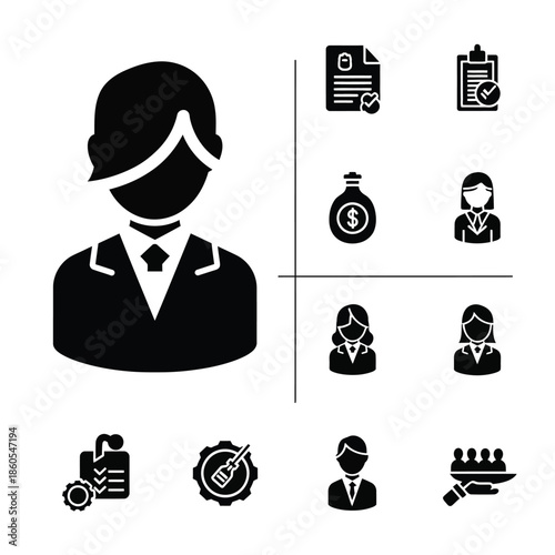 Professional female executive avatar and modern office administration management icons set in solid black style