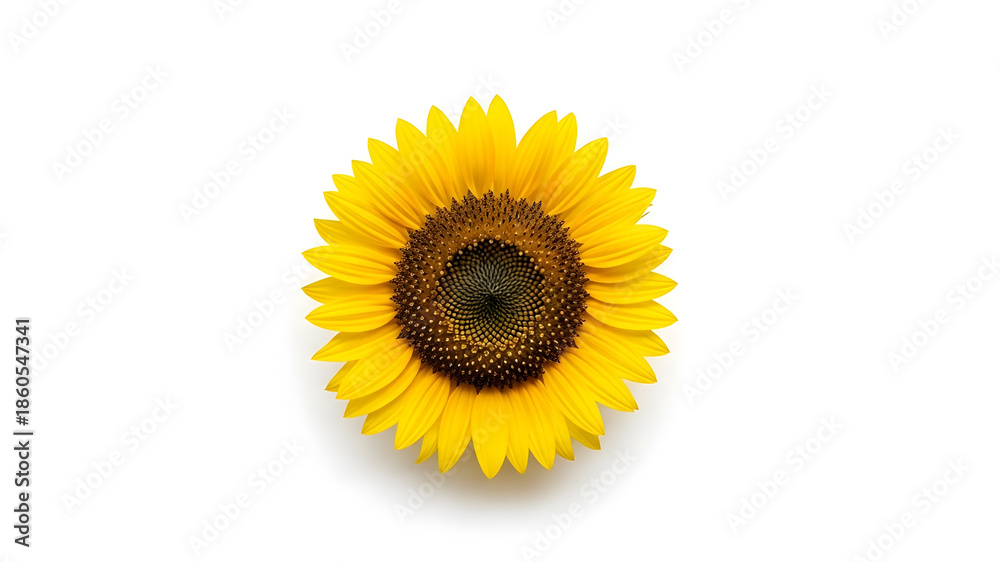 Obraz premium Vibrant yellow sunflower head isolated on a clean white background, symbolic of summer, growth, and nature's beauty.