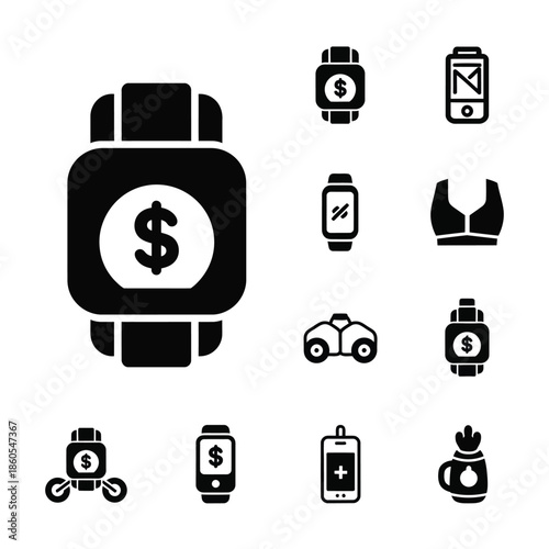 Fintech mobile payment and digital wallet icons set in solid black style