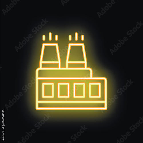 Bright yellow neon icon of an industrial factory building is emitting smoke from its chimneys on a black background