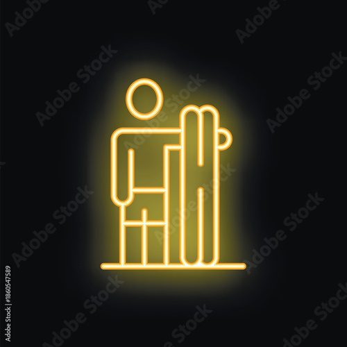 Yellow neon sign of person snowboarding on a black background