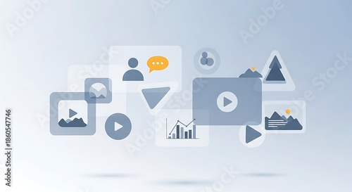 Abstract illustration of various digital media icons and content elements floating in a light blue space, representing multimedia communication and data.