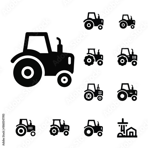 Professional agricultural tractor and modern farm machinery equipment icons set in solid black style