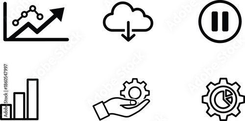 business and technology icons set with graphs cloud pause button gear and hand