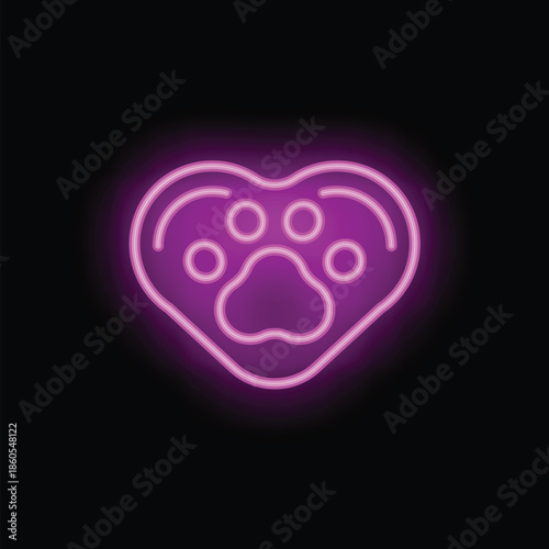 Bright pink neon sign is glowing in the dark, showing a paw print inside a heart shape