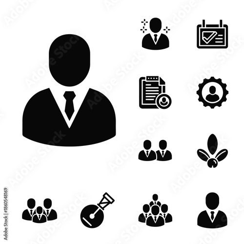 Human Resources and Office Administration Solid Icon Set. Solid black icons for recruitment, employee profile, hiring process, corporate leadership, and business management. Ideal for HR software, pro