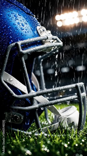 Blue Football Helmet Resting on Grass in Heavy Rain at Night
